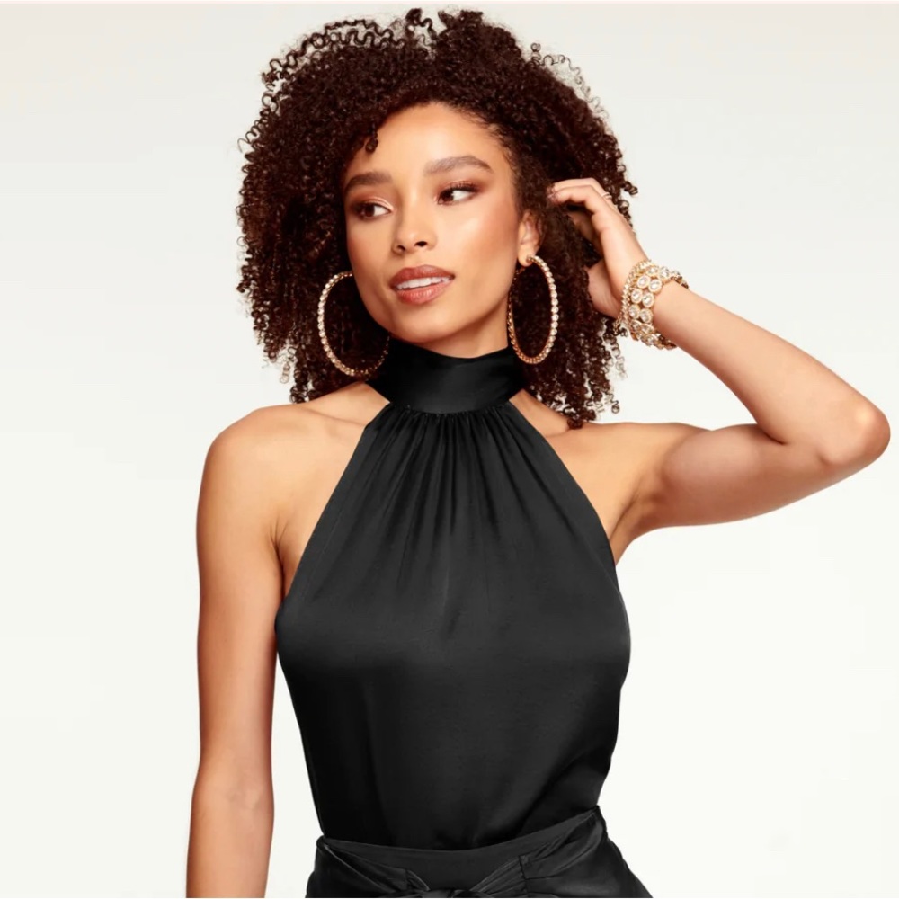 LOVE CULTURE High Neck Satin Tank Top with Smocked Waist L